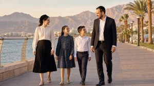אילת לשומרי שבת – משפחה מטיילת בטיילת לפני השקיעה